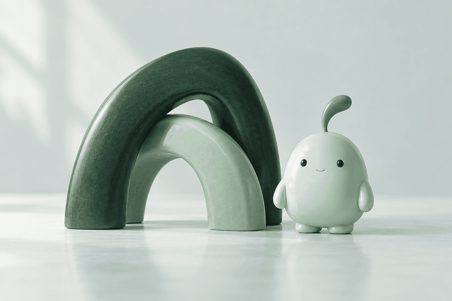 Numa, a gentle mint companion beside curved ceramic forms