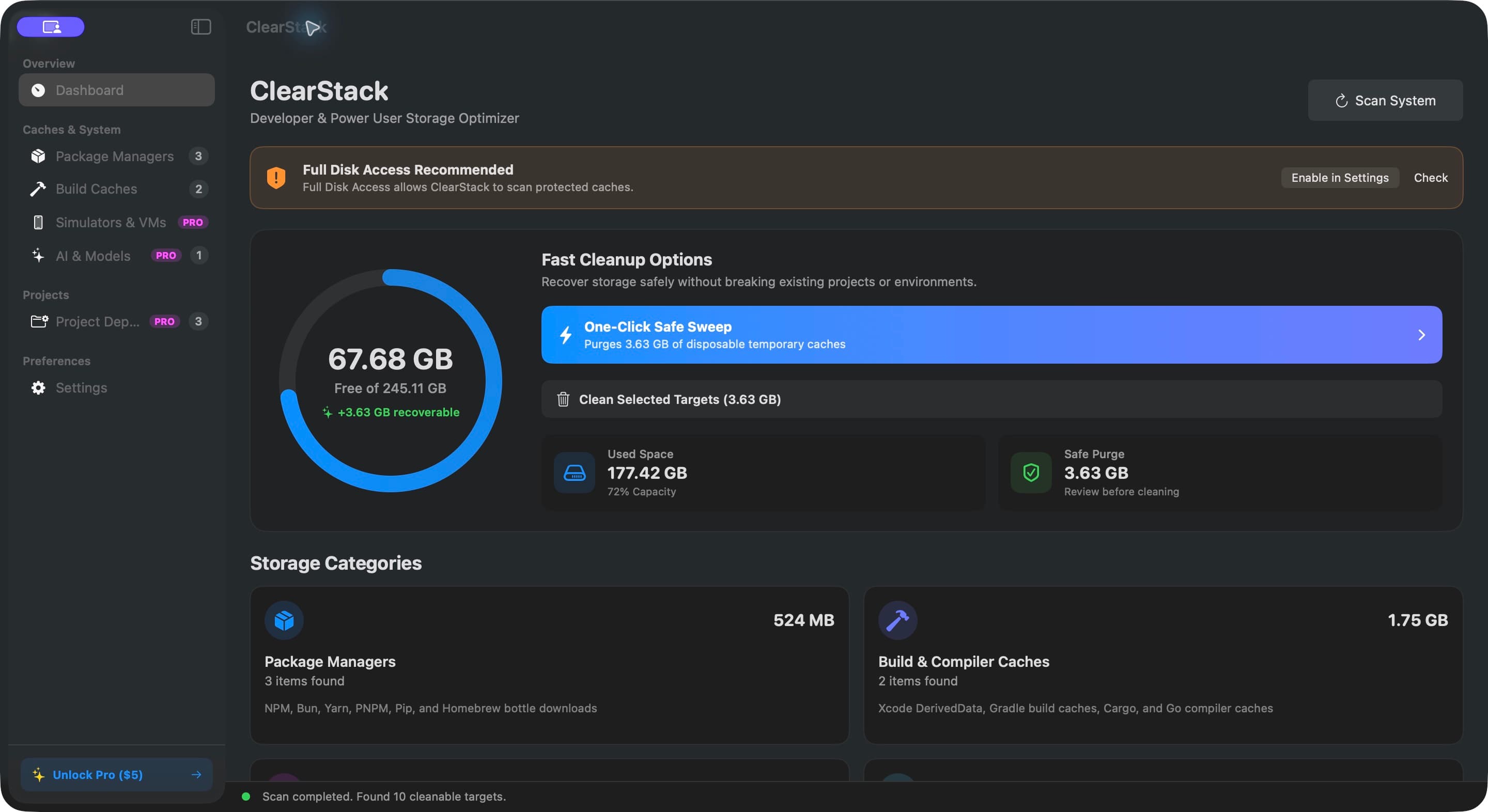 ClearStack 1.0.1 dashboard showing available storage, scanned cache sizes, review controls, and project navigation