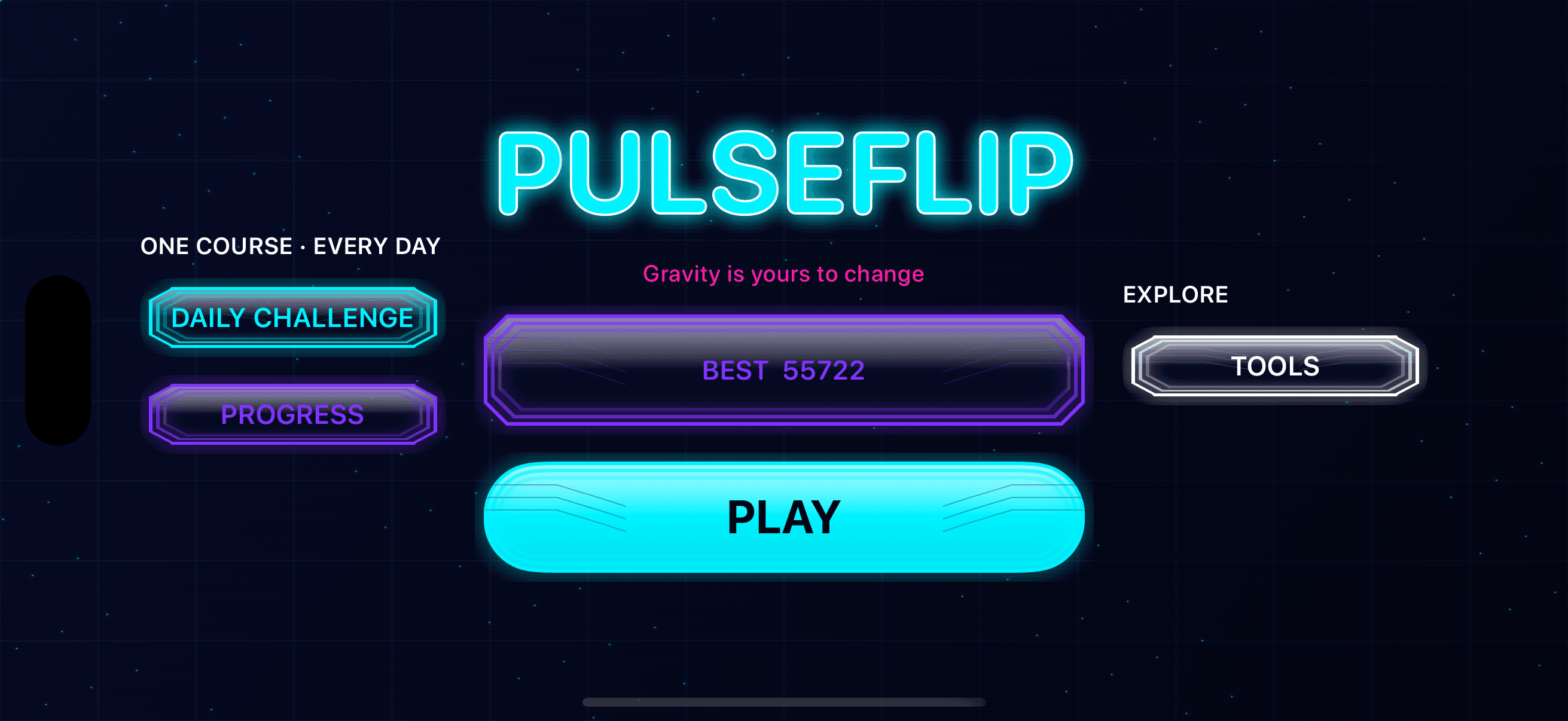 Pulseflip’s neon arcade interface in landscape orientation
